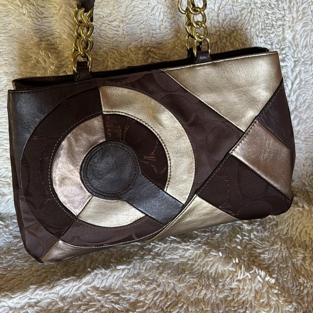 Coach Inlaid Brown Gold Patchwork Leather Chain Tote Bag F20013 - Picture 10 of 13